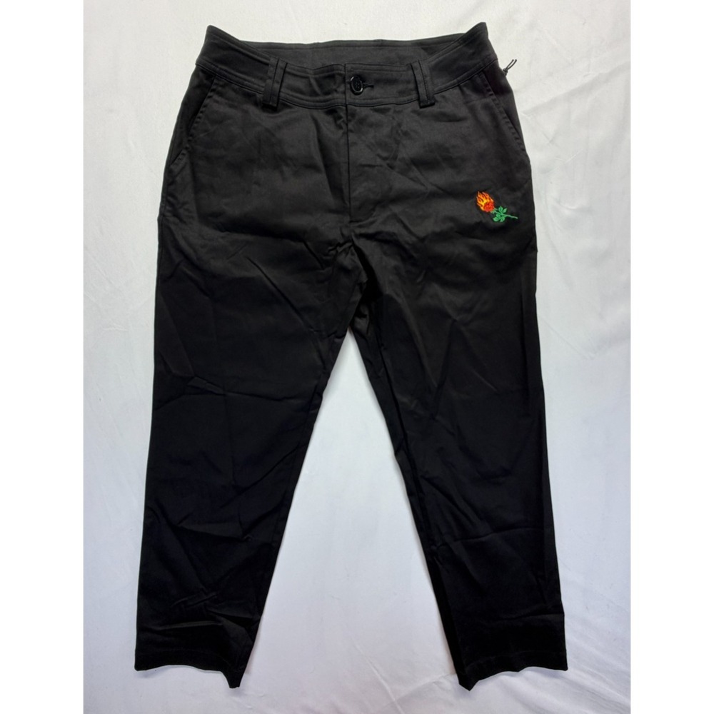 Civil Regime Chino Pants Mens 32 Black Cotton Rose Embroidery Logo Straight‎ Leg